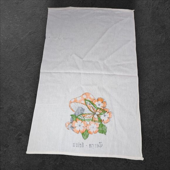 Vintage Terça-feira Mushroom Tea Towel Tuesday Day of Week Orange Flowers Linen - Picture 3 of 6